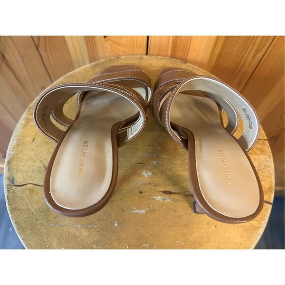 Ann Taylor 7M Brown Leather Heel Sandal Square Toe Minimalist Classic Slide - Picture 5 of 8